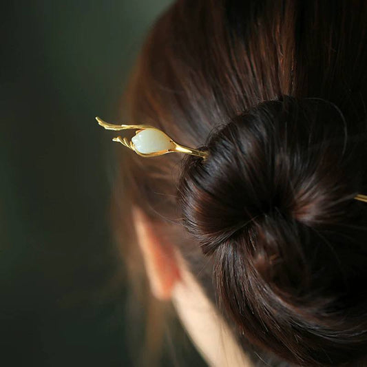 Sterling Silver Hairpin with Jade Accent – Filigree Dangling Ornament for Updo Styling